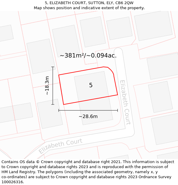 5, ELIZABETH COURT, SUTTON, ELY, CB6 2QW: Plot and title map