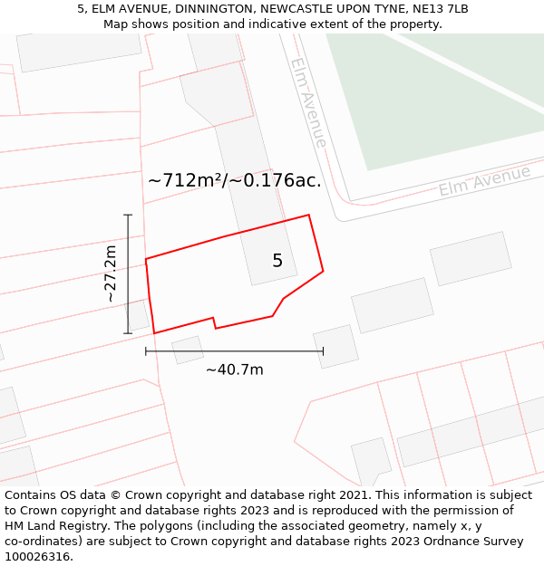 5, ELM AVENUE, DINNINGTON, NEWCASTLE UPON TYNE, NE13 7LB: Plot and title map