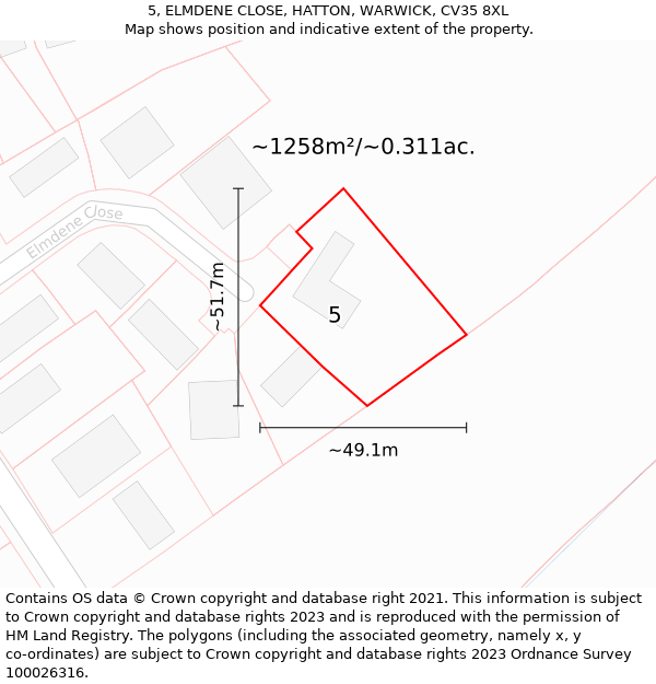 5, ELMDENE CLOSE, HATTON, WARWICK, CV35 8XL: Plot and title map