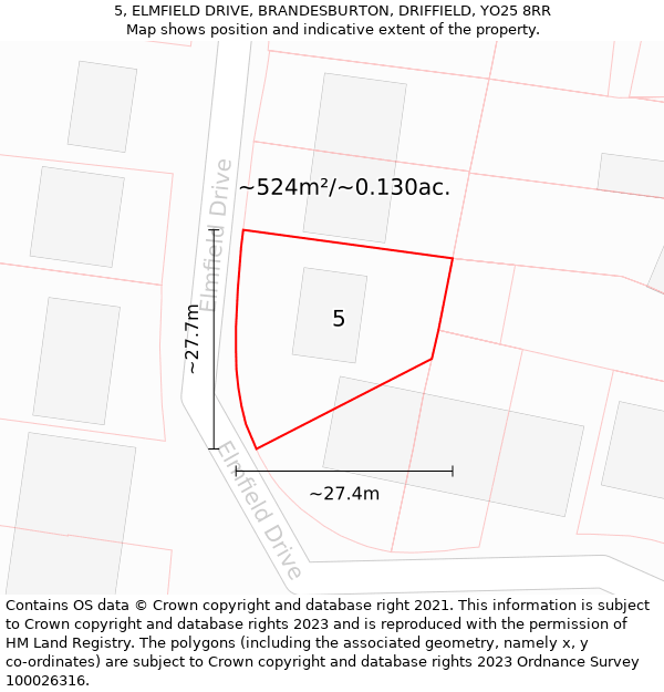 5, ELMFIELD DRIVE, BRANDESBURTON, DRIFFIELD, YO25 8RR: Plot and title map