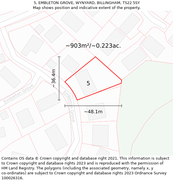 5, EMBLETON GROVE, WYNYARD, BILLINGHAM, TS22 5SY: Plot and title map