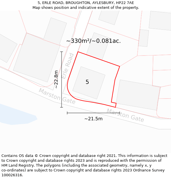 5, ERLE ROAD, BROUGHTON, AYLESBURY, HP22 7AE: Plot and title map