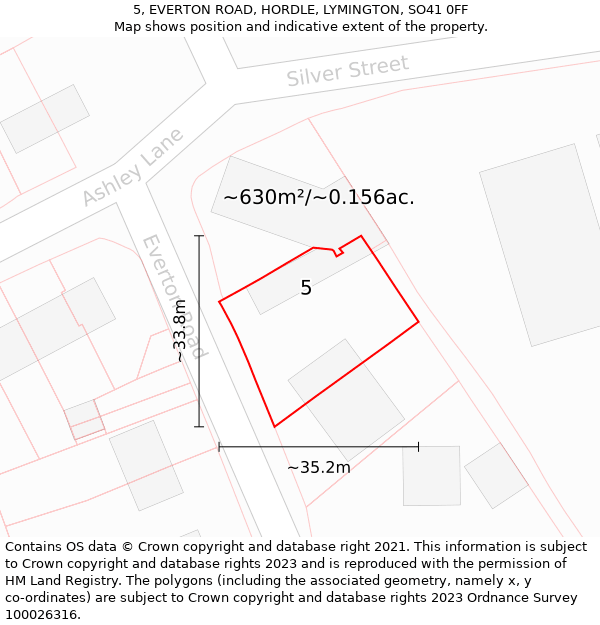 5, EVERTON ROAD, HORDLE, LYMINGTON, SO41 0FF: Plot and title map