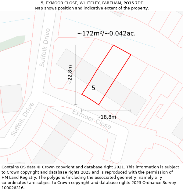 5, EXMOOR CLOSE, WHITELEY, FAREHAM, PO15 7DF: Plot and title map