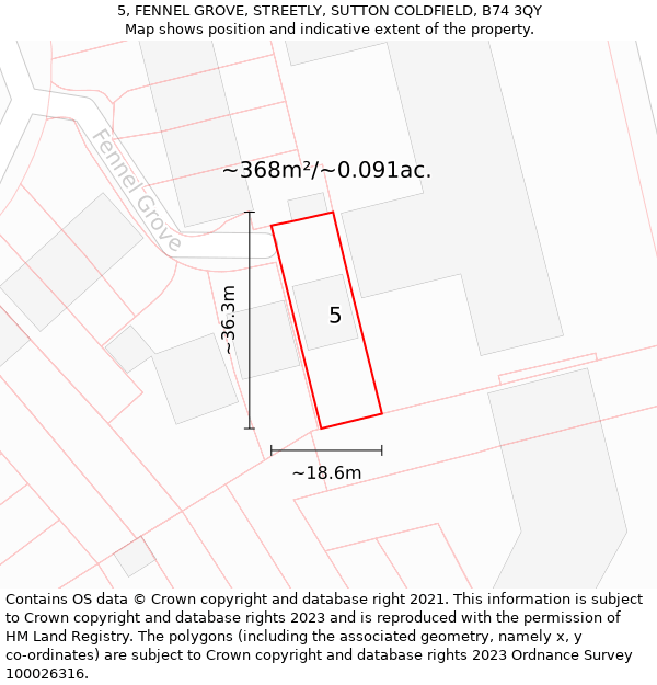 5, FENNEL GROVE, STREETLY, SUTTON COLDFIELD, B74 3QY: Plot and title map