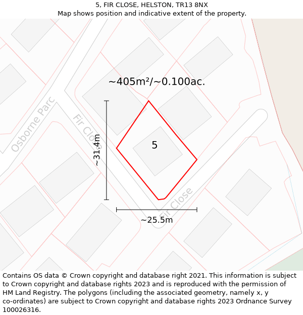 5, FIR CLOSE, HELSTON, TR13 8NX: Plot and title map