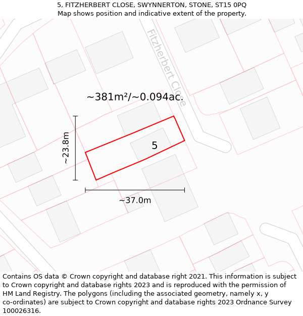 5, FITZHERBERT CLOSE, SWYNNERTON, STONE, ST15 0PQ: Plot and title map