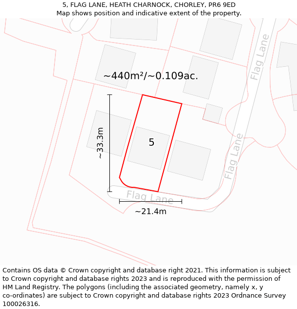 5, FLAG LANE, HEATH CHARNOCK, CHORLEY, PR6 9ED: Plot and title map