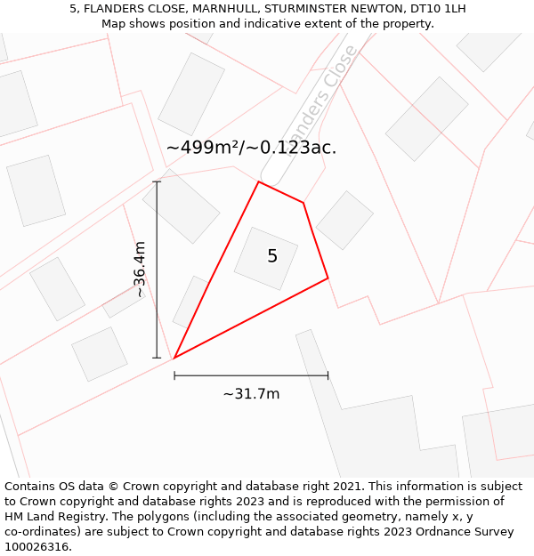 5, FLANDERS CLOSE, MARNHULL, STURMINSTER NEWTON, DT10 1LH: Plot and title map