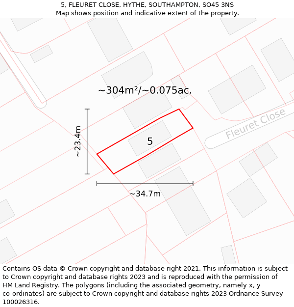 5, FLEURET CLOSE, HYTHE, SOUTHAMPTON, SO45 3NS: Plot and title map