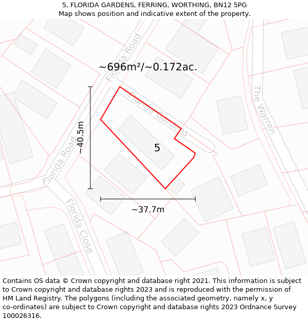 5, FLORIDA GARDENS, FERRING, WORTHING, BN12 5PG: Plot and title map