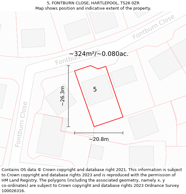 5, FONTBURN CLOSE, HARTLEPOOL, TS26 0ZR: Plot and title map