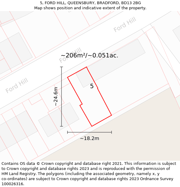 5, FORD HILL, QUEENSBURY, BRADFORD, BD13 2BG: Plot and title map