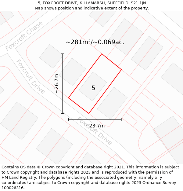 5, FOXCROFT DRIVE, KILLAMARSH, SHEFFIELD, S21 1JN: Plot and title map