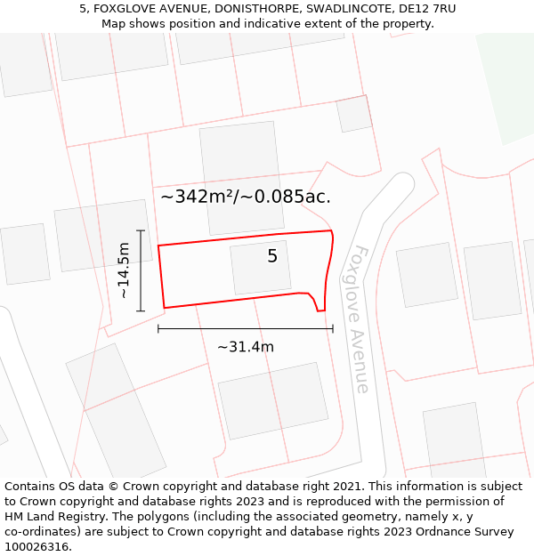 5, FOXGLOVE AVENUE, DONISTHORPE, SWADLINCOTE, DE12 7RU: Plot and title map