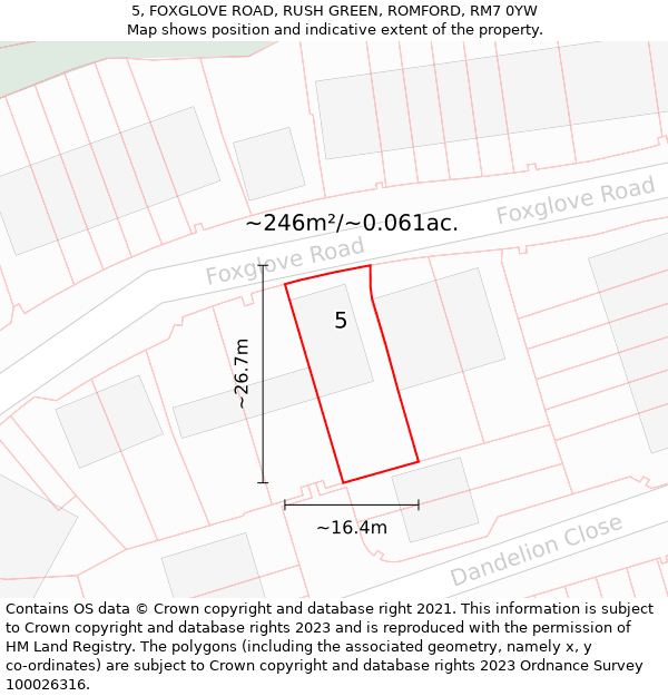 5, FOXGLOVE ROAD, RUSH GREEN, ROMFORD, RM7 0YW: Plot and title map