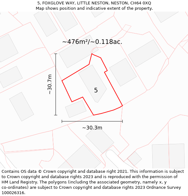 5, FOXGLOVE WAY, LITTLE NESTON, NESTON, CH64 0XQ: Plot and title map