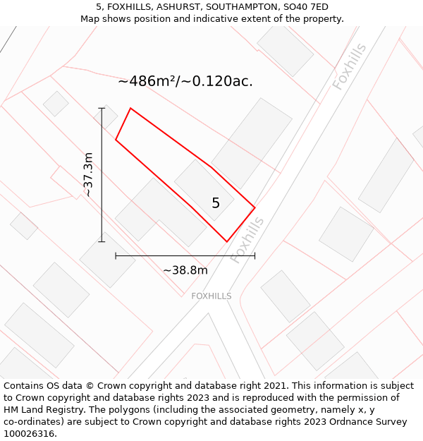 5, FOXHILLS, ASHURST, SOUTHAMPTON, SO40 7ED: Plot and title map