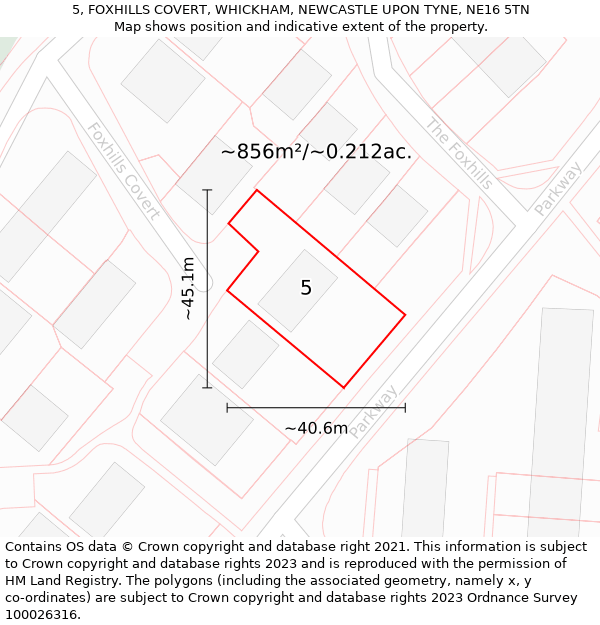 5, FOXHILLS COVERT, WHICKHAM, NEWCASTLE UPON TYNE, NE16 5TN: Plot and title map