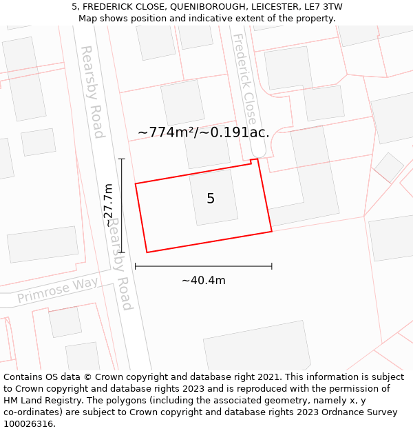 5, FREDERICK CLOSE, QUENIBOROUGH, LEICESTER, LE7 3TW: Plot and title map