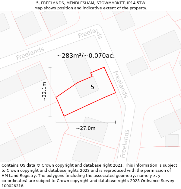 5, FREELANDS, MENDLESHAM, STOWMARKET, IP14 5TW: Plot and title map