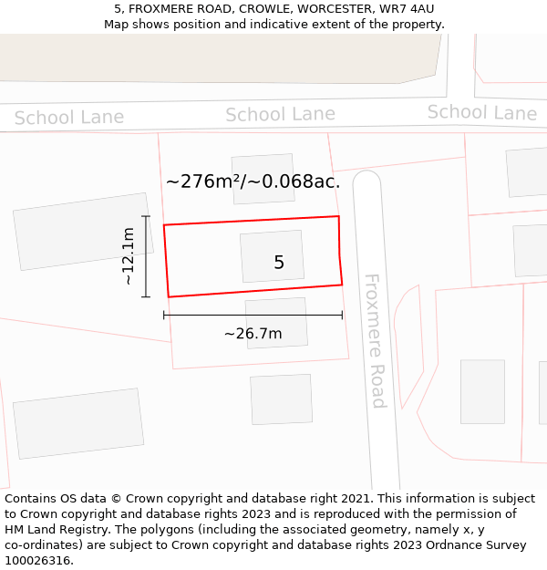 5, FROXMERE ROAD, CROWLE, WORCESTER, WR7 4AU: Plot and title map