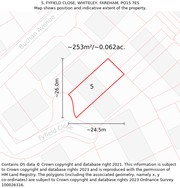 5, FYFIELD CLOSE, WHITELEY, FAREHAM, PO15 7ES: Plot and title map