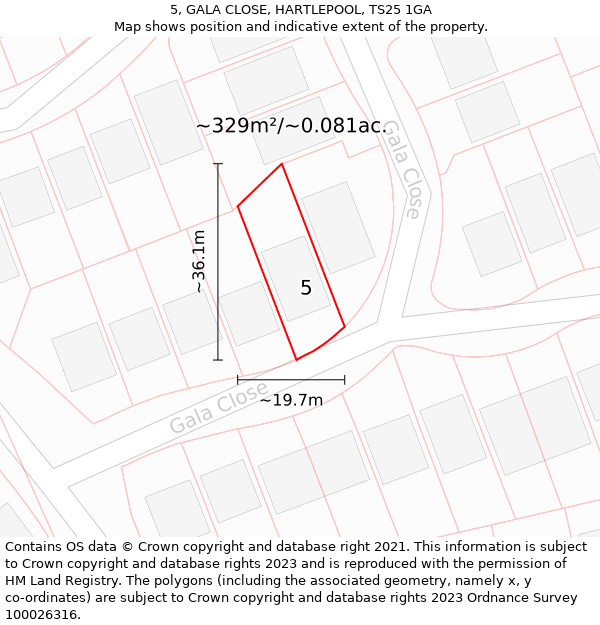 5, GALA CLOSE, HARTLEPOOL, TS25 1GA: Plot and title map