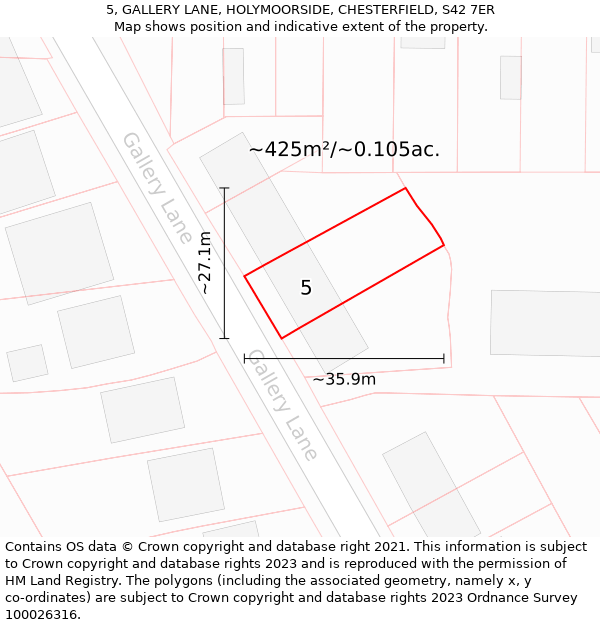 5, GALLERY LANE, HOLYMOORSIDE, CHESTERFIELD, S42 7ER: Plot and title map