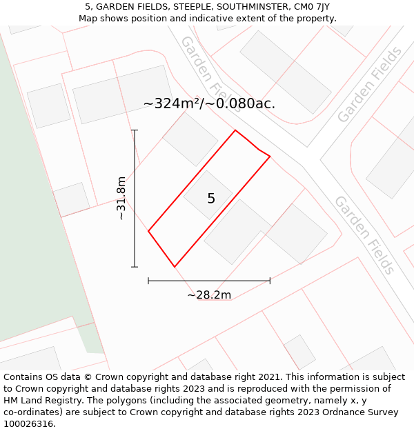 5, GARDEN FIELDS, STEEPLE, SOUTHMINSTER, CM0 7JY: Plot and title map