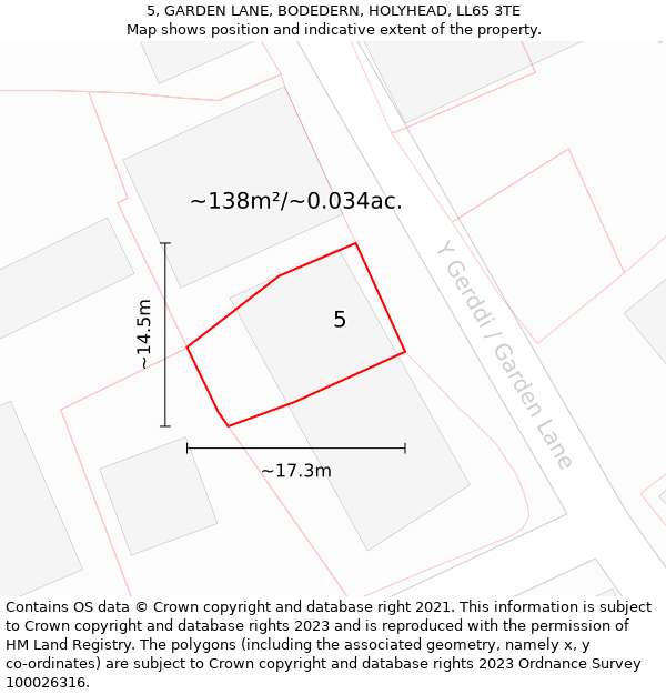 5, GARDEN LANE, BODEDERN, HOLYHEAD, LL65 3TE: Plot and title map