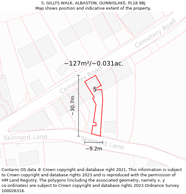 5, GILLYS WALK, ALBASTON, GUNNISLAKE, PL18 9BJ: Plot and title map