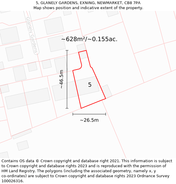 5, GLANELY GARDENS, EXNING, NEWMARKET, CB8 7PA: Plot and title map
