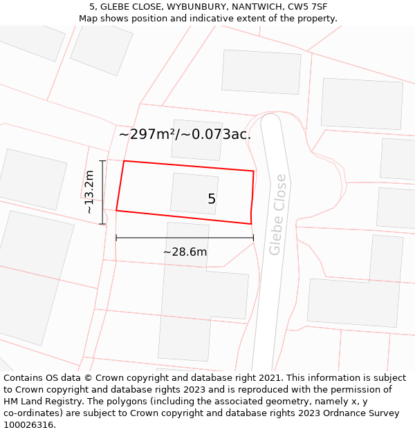 5, GLEBE CLOSE, WYBUNBURY, NANTWICH, CW5 7SF: Plot and title map