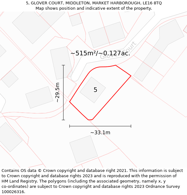 5, GLOVER COURT, MIDDLETON, MARKET HARBOROUGH, LE16 8TQ: Plot and title map