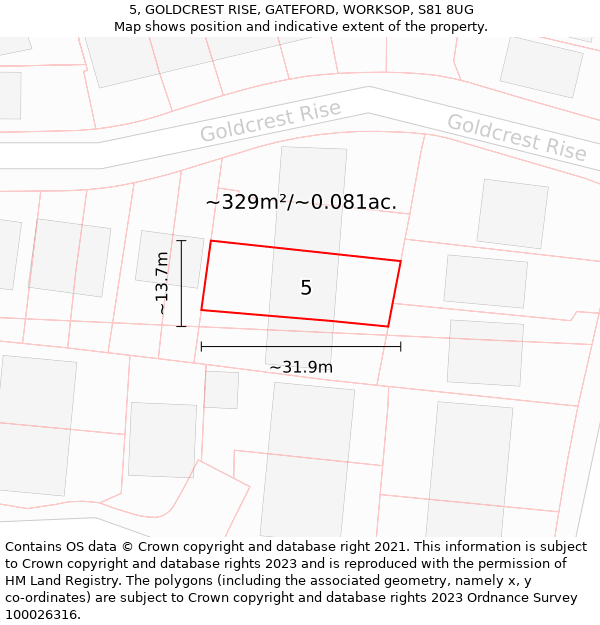 5, GOLDCREST RISE, GATEFORD, WORKSOP, S81 8UG: Plot and title map