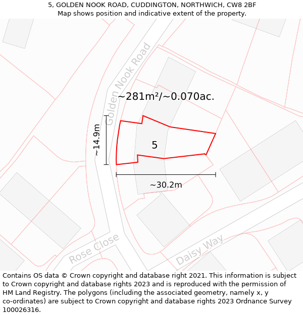 5, GOLDEN NOOK ROAD, CUDDINGTON, NORTHWICH, CW8 2BF: Plot and title map