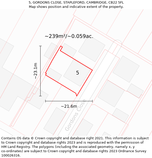 5, GORDONS CLOSE, STAPLEFORD, CAMBRIDGE, CB22 5FL: Plot and title map