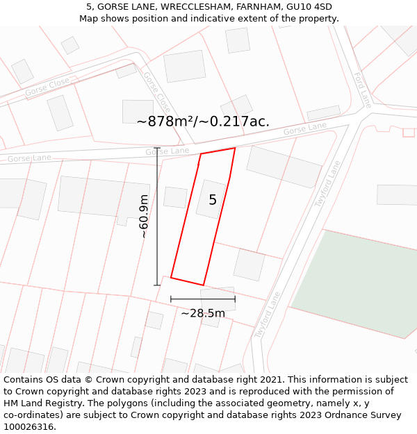 5, GORSE LANE, WRECCLESHAM, FARNHAM, GU10 4SD: Plot and title map