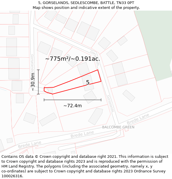 5, GORSELANDS, SEDLESCOMBE, BATTLE, TN33 0PT: Plot and title map