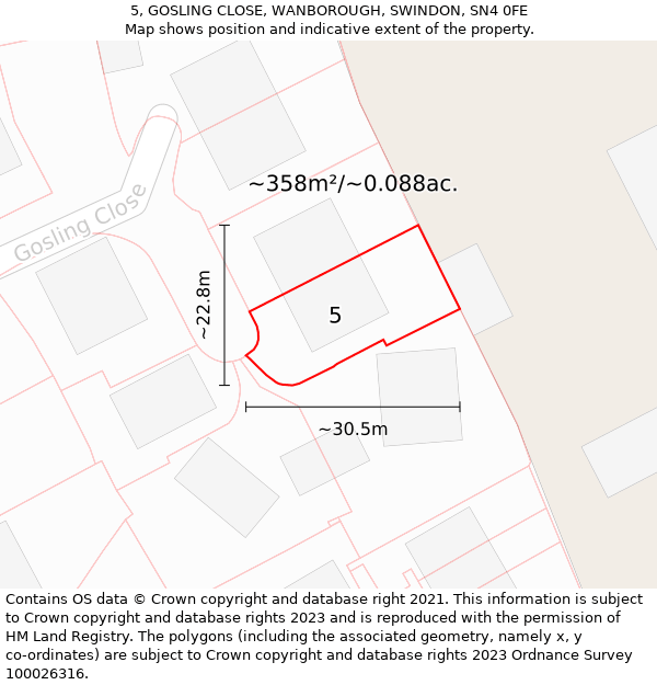 5, GOSLING CLOSE, WANBOROUGH, SWINDON, SN4 0FE: Plot and title map