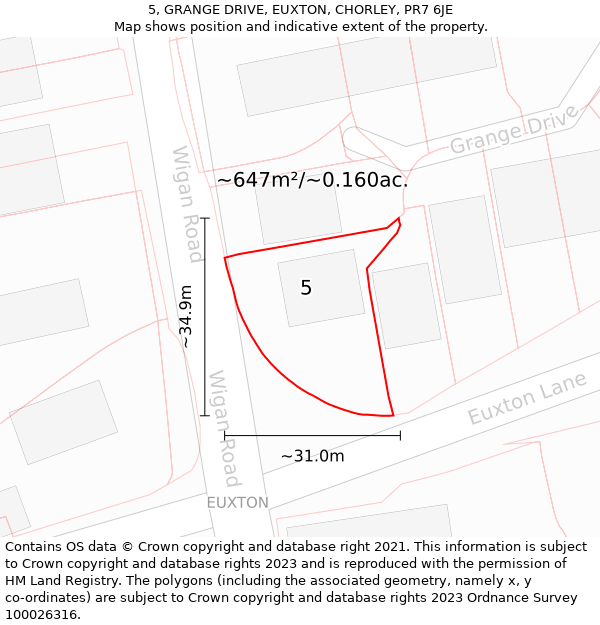 5, GRANGE DRIVE, EUXTON, CHORLEY, PR7 6JE: Plot and title map