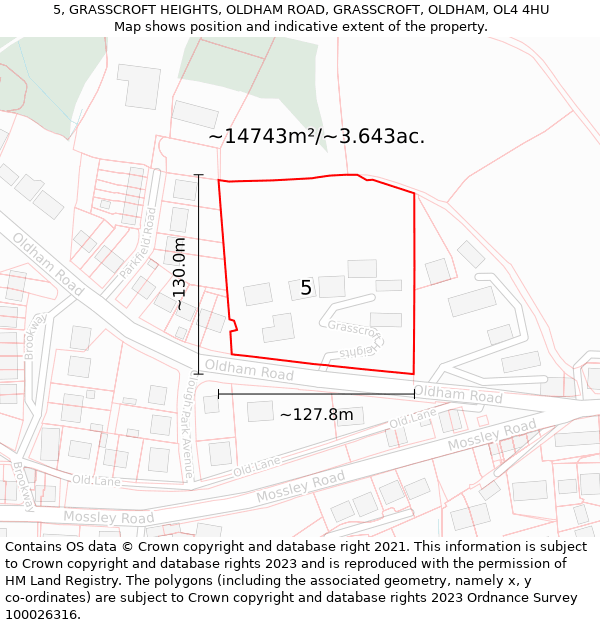 5, GRASSCROFT HEIGHTS, OLDHAM ROAD, GRASSCROFT, OLDHAM, OL4 4HU: Plot and title map