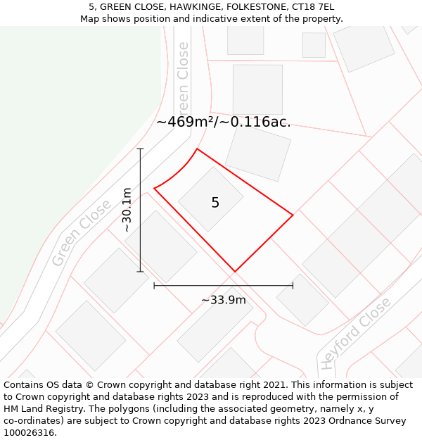 5, GREEN CLOSE, HAWKINGE, FOLKESTONE, CT18 7EL: Plot and title map