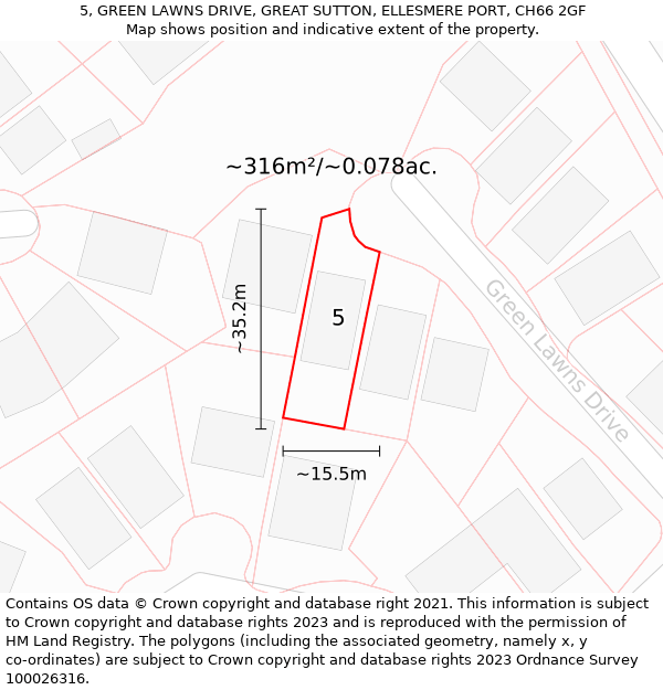 5, GREEN LAWNS DRIVE, GREAT SUTTON, ELLESMERE PORT, CH66 2GF: Plot and title map