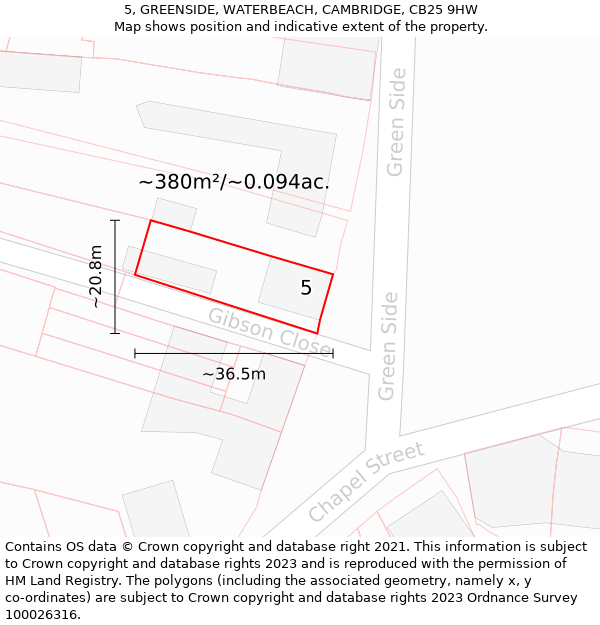 5, GREENSIDE, WATERBEACH, CAMBRIDGE, CB25 9HW: Plot and title map