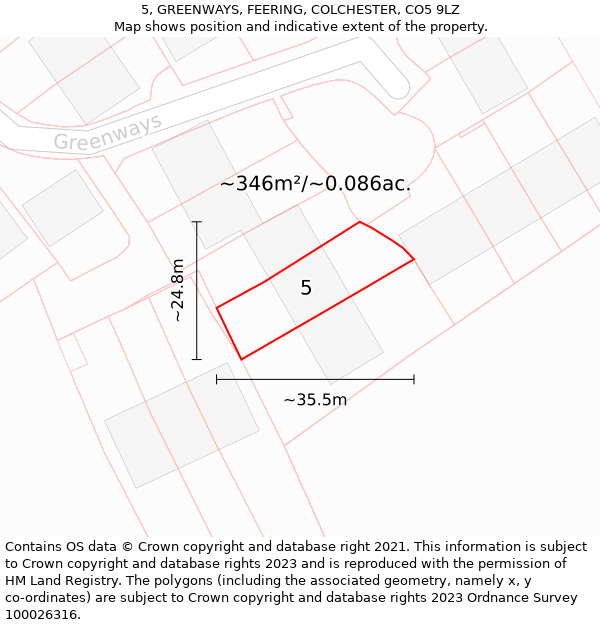 5, GREENWAYS, FEERING, COLCHESTER, CO5 9LZ: Plot and title map