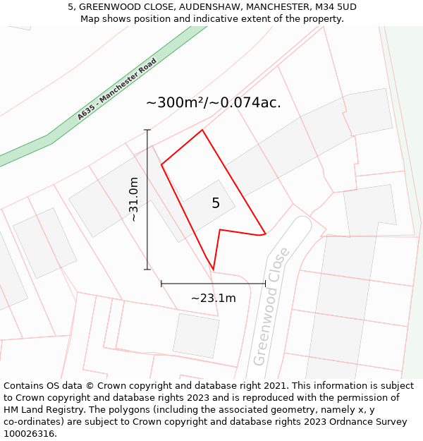 5, GREENWOOD CLOSE, AUDENSHAW, MANCHESTER, M34 5UD: Plot and title map