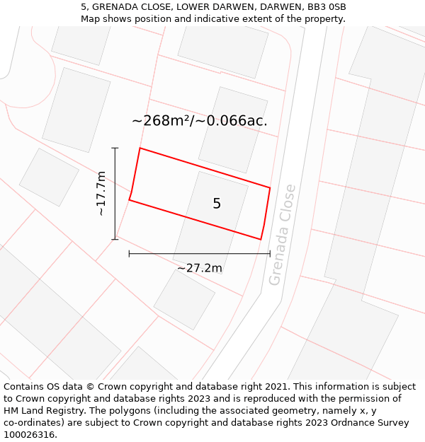 5, GRENADA CLOSE, LOWER DARWEN, DARWEN, BB3 0SB: Plot and title map