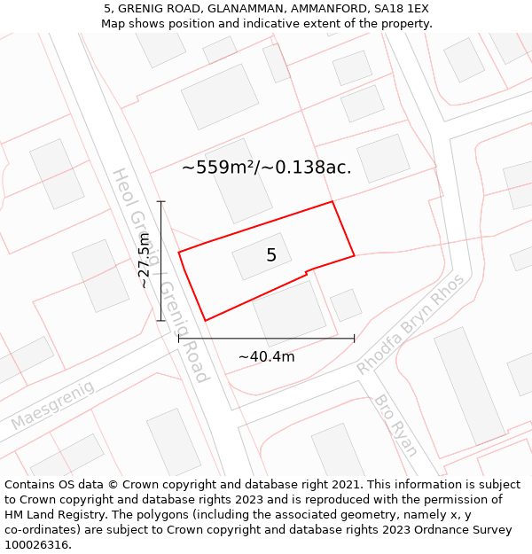 5, GRENIG ROAD, GLANAMMAN, AMMANFORD, SA18 1EX: Plot and title map